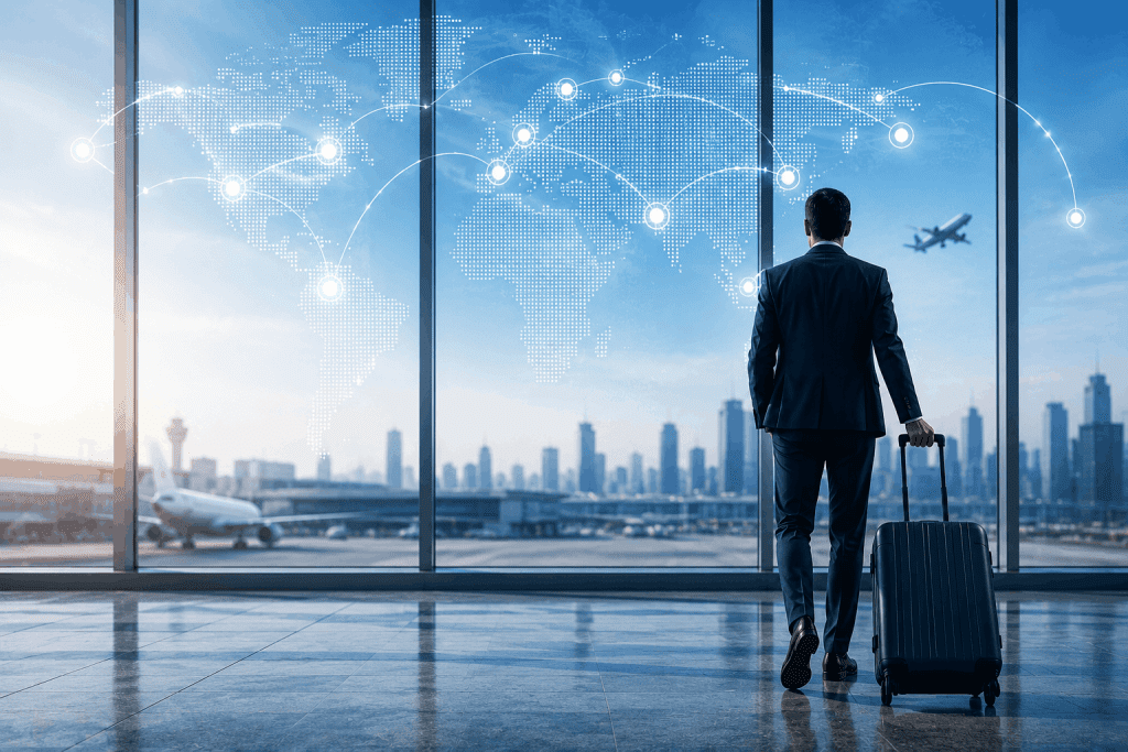 Business traveler in a suit with a rolling suitcase stands at the airport window, overlooking the runway and a digital world map overlay.
